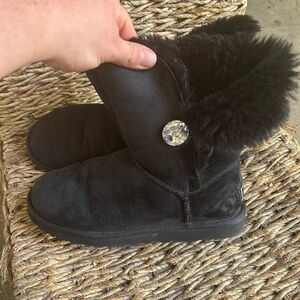 UGG Black Suede Boots with Fur Trim